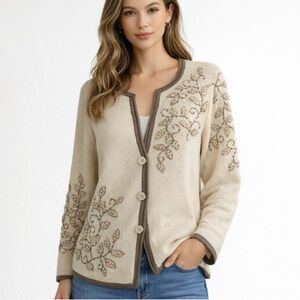 Coldwater Creek Cream Cardigan with Embroidery Wool Blend